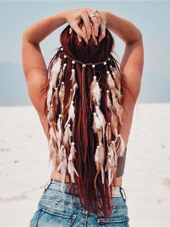 Bohemian Feather Hairband Gypsy Headband with White and Brown Feather - Picture 1 of 7